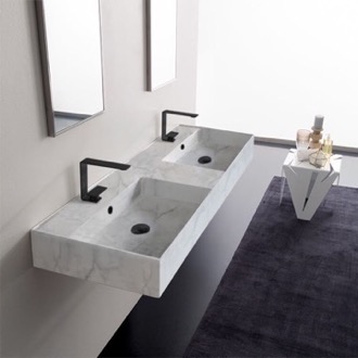 Bathroom Sink Marble Design Ceramic Wall Mounted or Vessel Double Sink With Counter Space Scarabeo 5116-F